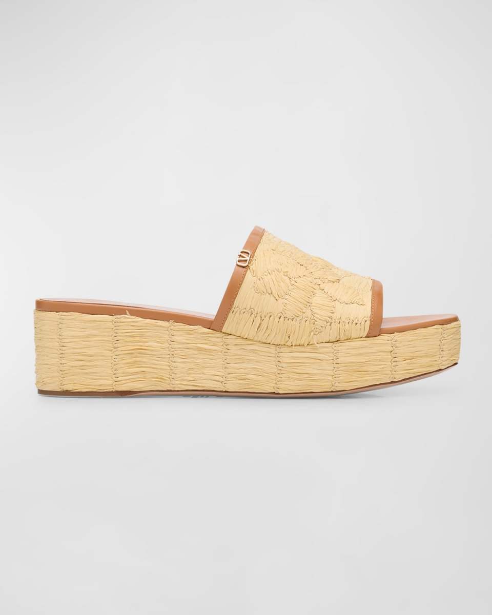 Raffia Leather Platform Slide Sandals